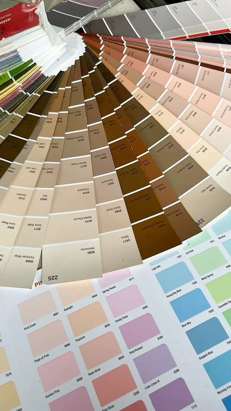 Fanned colour swatch cards in neutral and pastel shades.