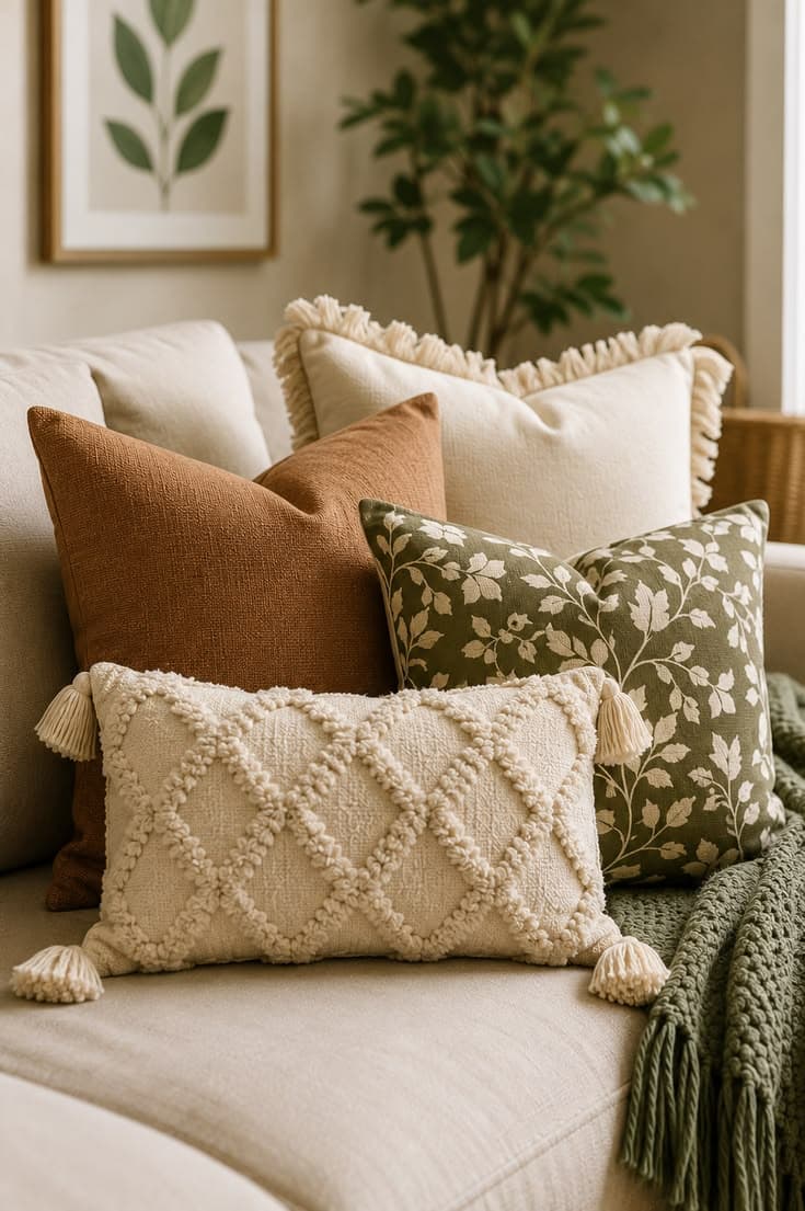 Textured cushions in cream, rust and sage on a linen sofa with a knitted throw.