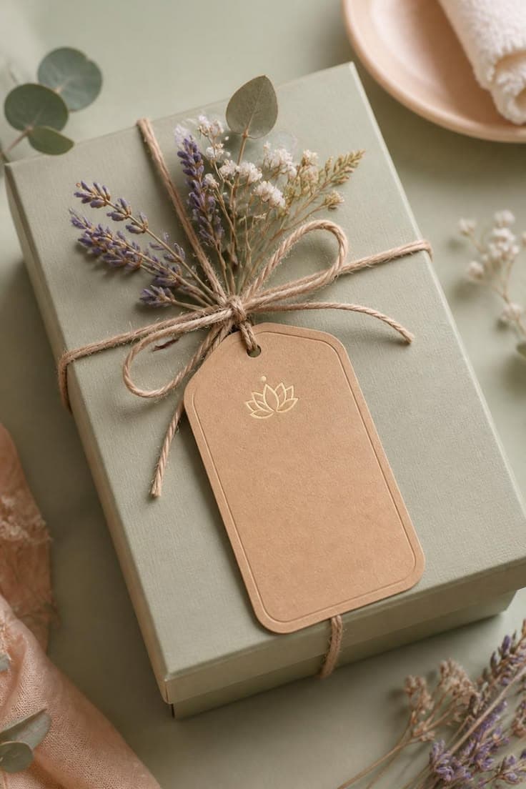 Sage gift box tied with twine, dried lavender and a blank kraft gift tag.