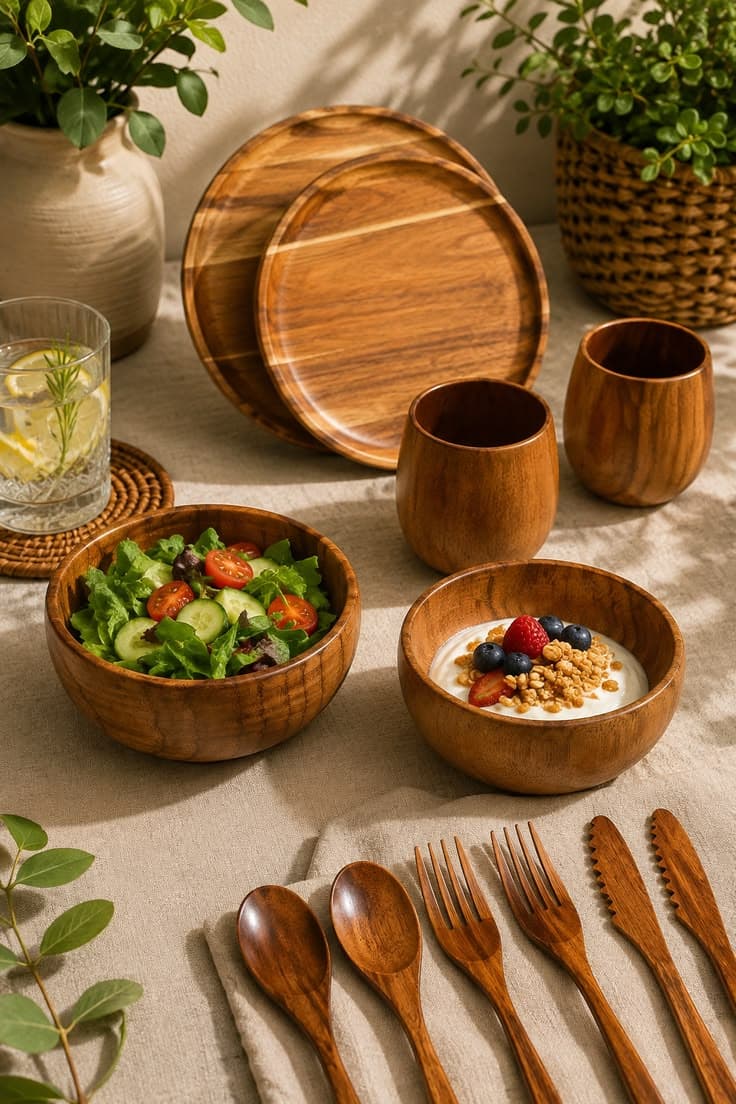 Wooden plates, bowls, cups and cutlery set on a linen tablecloth.